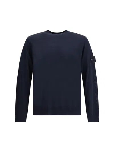 Stone Island Fine-knit Wool Crew-neck Sweater With Side Logo Badge In Blue