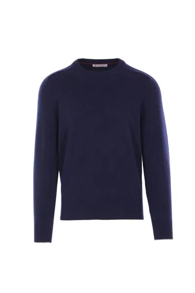 Brunello Cucinelli Cashmere Crew Neck Sweater With Ribbed Finish In Blue