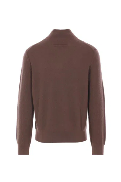 Zegna Long-sleeved Half-zip Sweater In Brown