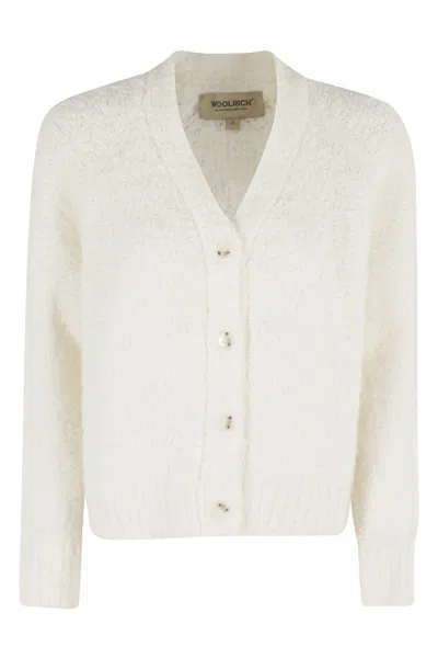 Woolrich Boucle Cardigan With V-neckline And Relaxed Fit In White