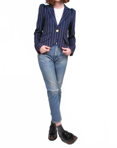 Smythe Pouf Sleeve One Button Blazer In Navy Copper Pinstripe In Blue