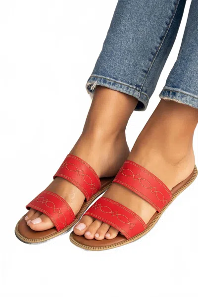 Everglades Women's Double Strap Western Boot Stitch Slide Sandals In Red In Red
