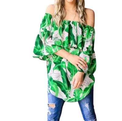 L & B Creations Leaf Pattern Off Shoulder Tunic Top In Blush In Green