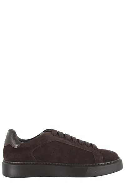 Doucal's Suede Brown Sneakers With Garnet Leather Accents In Multi