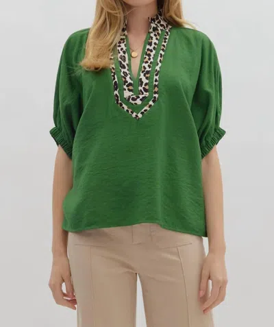Entro Dolman Sleeve Pullover Top In Fern And Leopard In Green