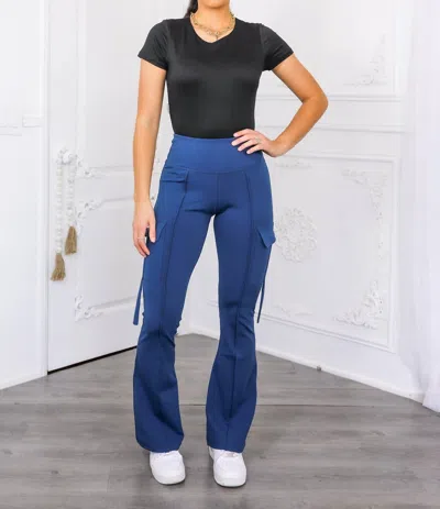 Surelymine High Waisted Cargo Flare Pants In Teal In Blue