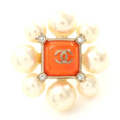 Pre-owned Chanel Coco Mark Ring With Faux Pearl & Rhinestone In Gold