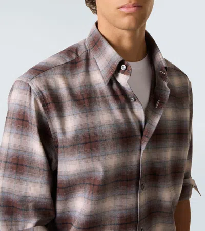 Brioni Checked Cotton Flannel Shirt In Brown