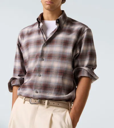 Brioni Checked Cotton Flannel Shirt In Brown