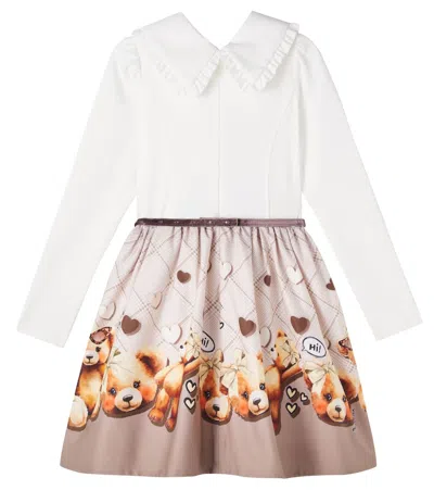 Monnalisa Cotton Teddy Bear Dress In White
