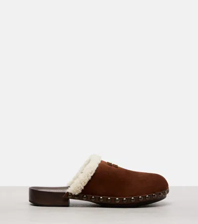 Miu Miu Shearling-lined Suede Clogs In Brown