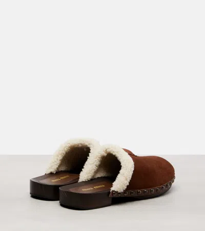 Miu Miu Shearling-lined Suede Clogs In Brown