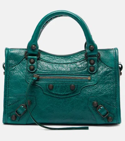 Balenciaga Mini Le City Crinkle Leather Top Handle Bag In Green