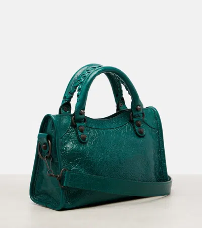 Balenciaga Mini Le City Crinkle Leather Top Handle Bag In Green