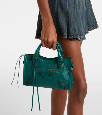 Balenciaga Mini Le City Crinkle Leather Top Handle Bag In Green