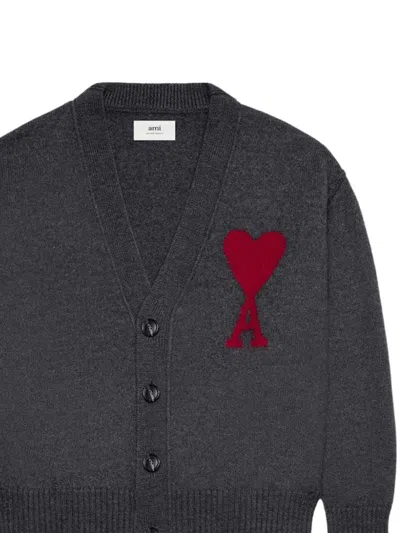 Ami Alexandre Mattiussi Dark Grey Wool Cardigan With Embroidered Heart Detail In Black