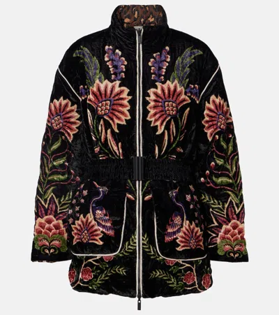 Farm Rio Padded Velvet Jacket With Floral And Bird Embroidery In Black