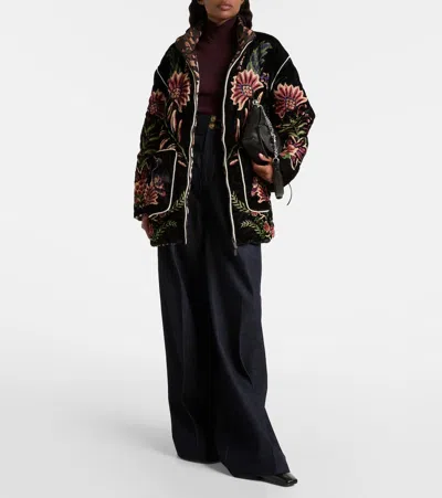 Farm Rio Padded Velvet Jacket With Floral And Bird Embroidery In Black