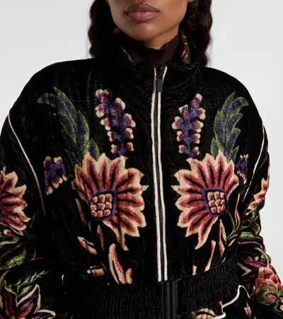 Farm Rio Padded Velvet Jacket With Floral And Bird Embroidery In Black