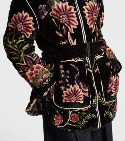 Farm Rio Padded Velvet Jacket With Floral And Bird Embroidery In Black