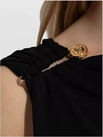 Versace One Shoulder Draped Dress Ruffle Detail In Black