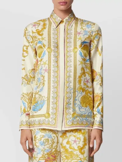 Versace Long Sleeve Printed Top With Decorative Trim In Yellow