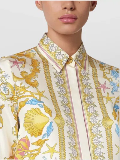 Versace Long Sleeve Printed Top With Decorative Trim In Yellow