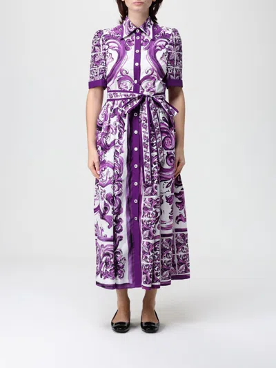 Dolce & Gabbana Poplin Shirt Dress With Maiolica Print In Multi