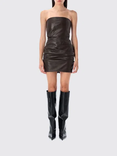 Attico Brown Off-shoulder Sleeveless Mini Dress With Rear Zip Closure In Leather Woman In Black