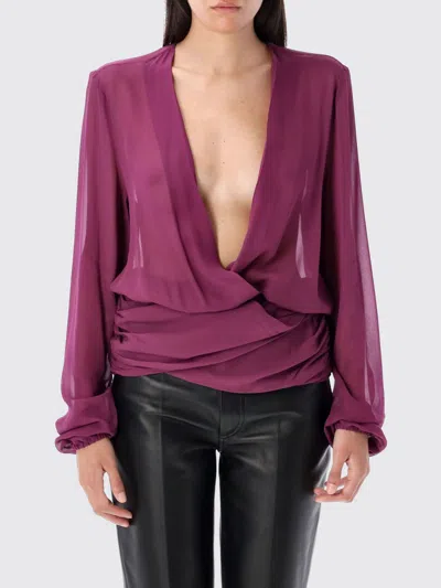Attico Draped Front V-neck Ruched Blouse In Purple