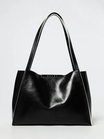 Marni Rectangular Two-tone Shoulder Bag With Long Handles In Black