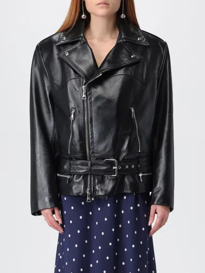 Alessandra Rich Leather Jacket Featuring Belted Waist And Epaulettes In Multi