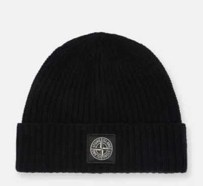 Stone Island Ribbed Knit Beanie With Compass Logo Patch In Black