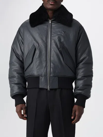 Ami Alexandre Mattiussi Leather Bomber Jacket Shearling Collar In Blue