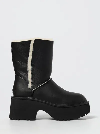 Ugg Fur-trimmed Black Leather Platform Boots With Block Heel In Black