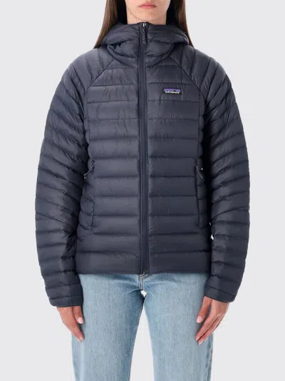 Patagonia Hooded Padded Jacket With Quilted Design And Side Pockets In Blue