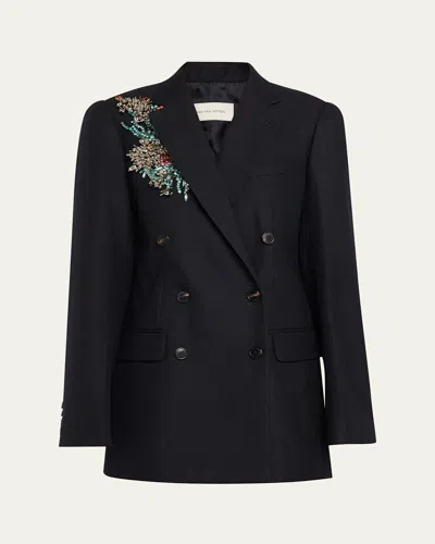 Dries Van Noten Womens Navy Bafy Crystal-embellished Double-breasted Wool Jacket In Black