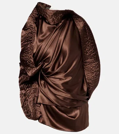 Dries Van Noten Asymmetric Draped Silk-blend Satin Top In Brown