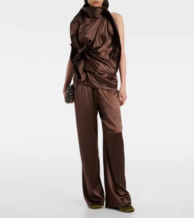 Dries Van Noten Asymmetric Draped Silk-blend Satin Top In Brown