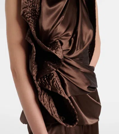 Dries Van Noten Asymmetric Draped Silk-blend Satin Top In Brown