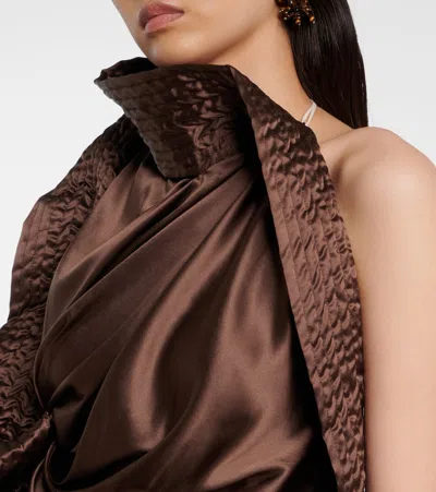 Dries Van Noten Asymmetric Draped Silk-blend Satin Top In Brown