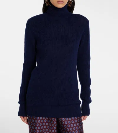 Dries Van Noten Ribbed-knit Wool Turtleneck Sweater In Blue