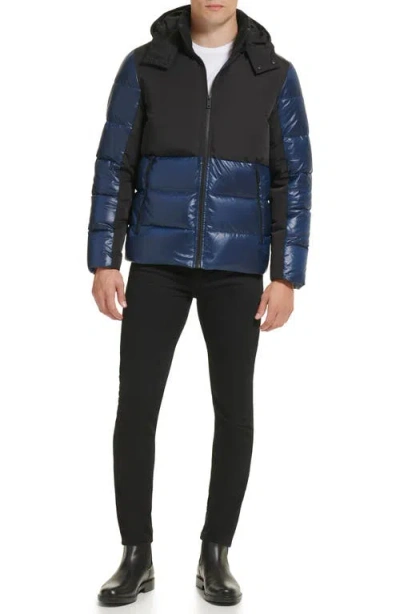 Kenneth Cole New York Colorblock Hooded Water Resistant Puffer Jacket In Black