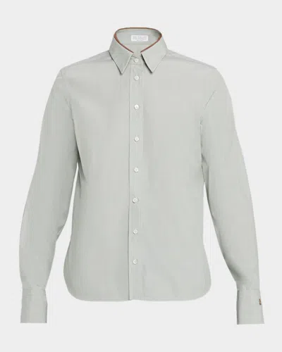 Brunello Cucinelli Monili-collar Chambray Button-down Shirt In Gray