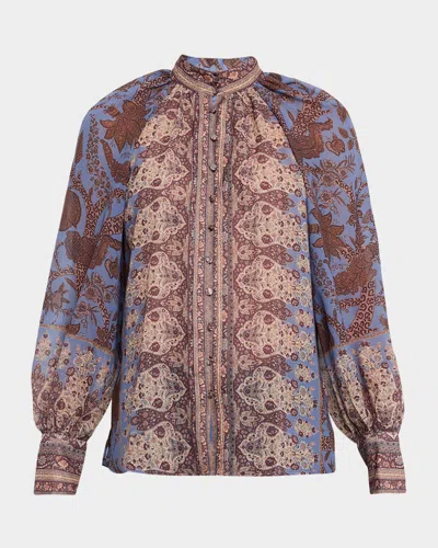 Kobi Halperin Solace Ruched Floral-print Blouse In Blue