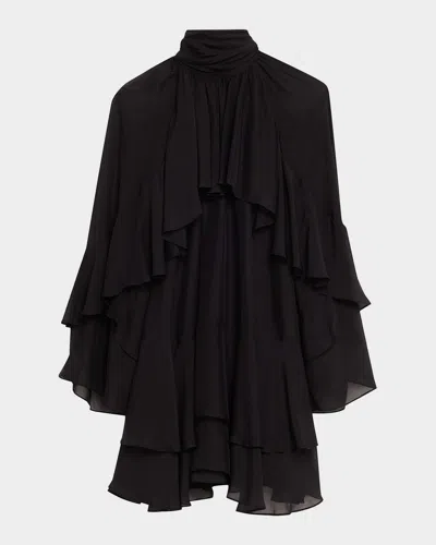 Veronica Beard Adlington Ruffle Detail Long Sleeve Silk Chiffon Dress In Black