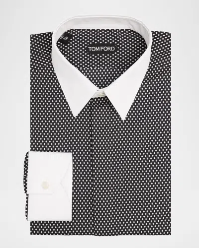 Tom Ford Cotton Shirt With Diamond Print And Contrast White Collar In Black