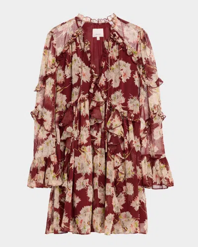 Cinq À Sept Mae Floral Print Ruffle Long Sleeve Chiffon Minidress In Brown