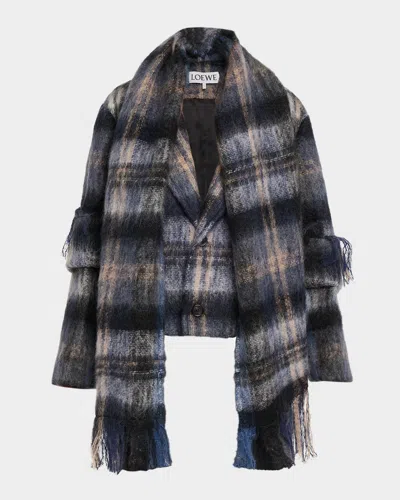 Loewe Check Alpaca Fringe Scarf Jacket In Multi