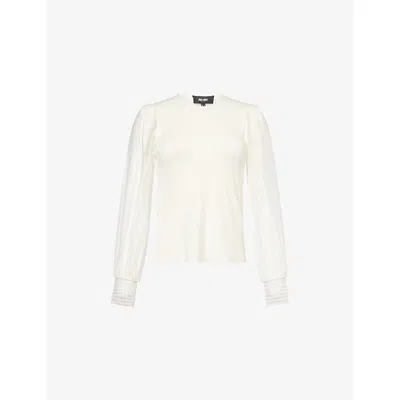 Me And Em And Em Womens Cream Feature-cuff Round-neck Stretch-woven Blouse In White